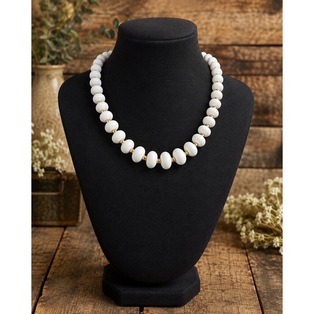 Vintage 1960s Napier White‎ Beaded Necklace Gold Tone | Mod Mid Century